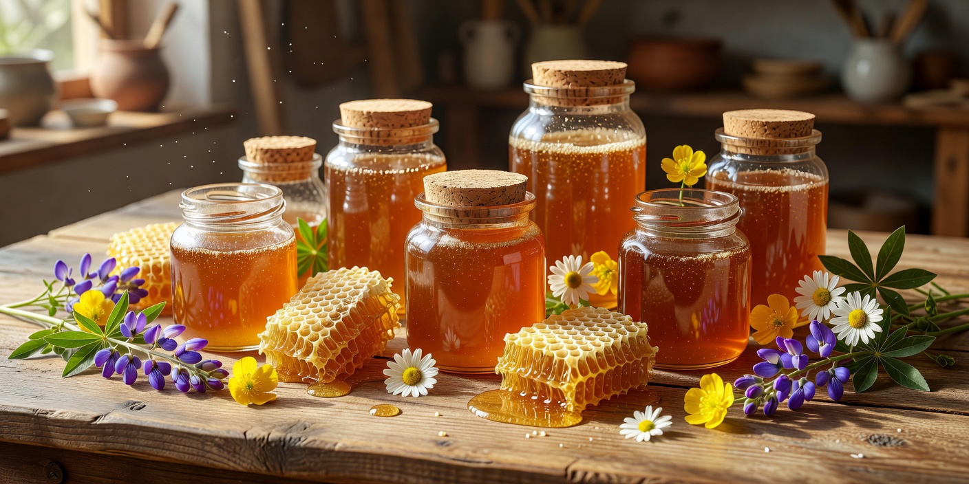 Artisan honey jars arranged on a wooden table with honeycomb and wildflowers