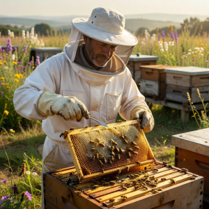 Beekeeper carefully inspecting honeycomb frames