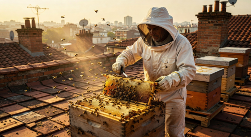 Beekeeper inspecting a thriving rooftop hive during golden hour