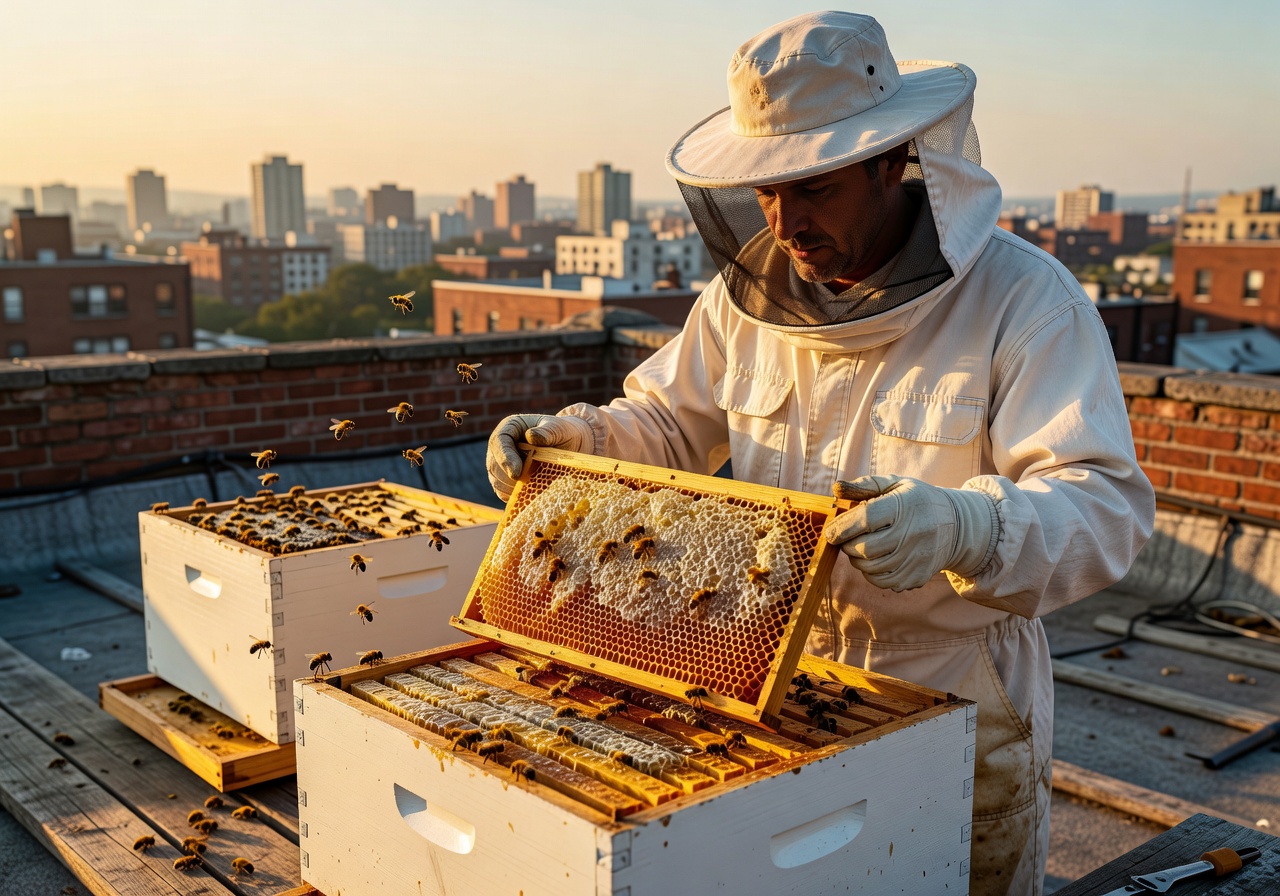 Beekeeper lifting a frame of honeycomb from a rooftop hive at golden hour