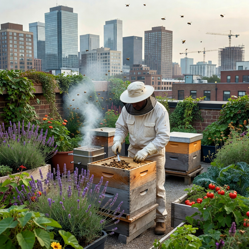 Beekeeper tending to rooftop beehives surrounded by urban greenery with city skyline in the background
