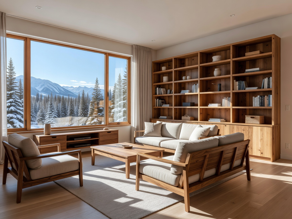 Bright Canadian living space with modern timber furniture, large windows, and practical storage solutions