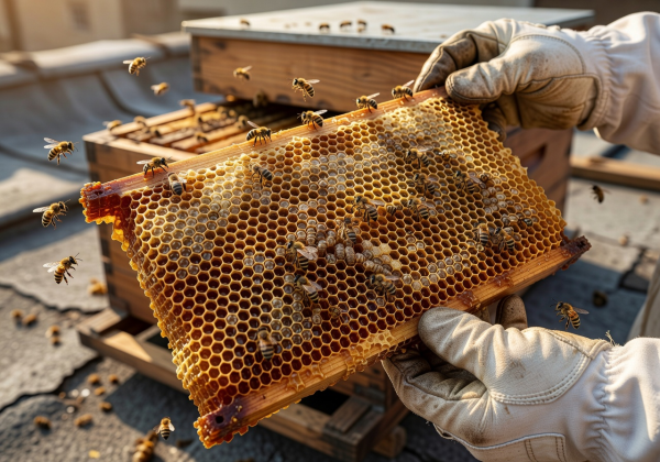 Close-up of honeycomb filled with golden honey being held up by a beekeeper