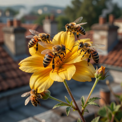 Jar of golden wildflower honey with honeycomb accent and rooftop garden label