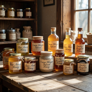 Collection of artisan honey jars with handwritten labels