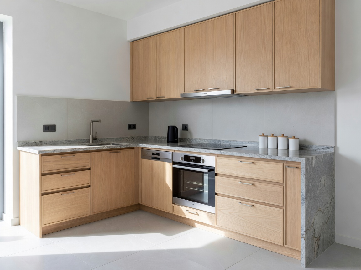 Detail of a bright, modern kitchen with functional timber cabinetry and stone countertops