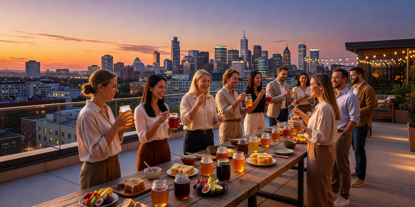 Guests enjoying a rooftop honey tasting event at sunset with city lights