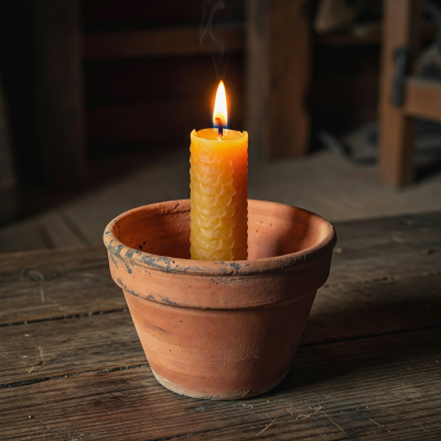 Handmade beeswax candle in a rustic container