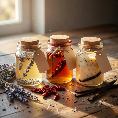 Infused honey sampler set with lavender, chili, and vanilla varieties