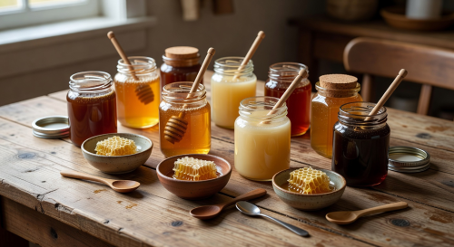 Jars of different honey varieties arranged for a tasting session