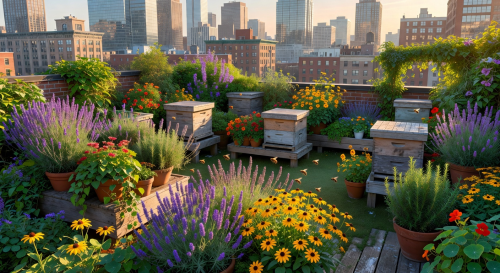 Lush rooftop garden with beehives and city buildings in background