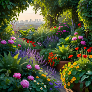 Lush rooftop garden with blooming flowers and green plants