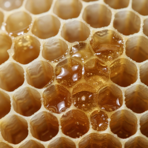 Macro close-up of honeycomb cells glistening with fresh honey