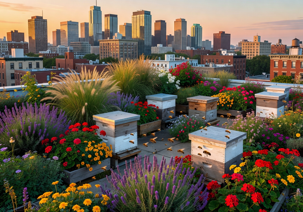 Panoramic view of a lush rooftop garden with beehives and city buildings