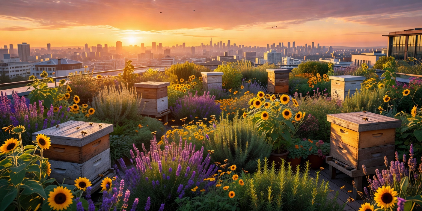Panoramic view of a rooftop garden with beehives and city skyline at golden hour