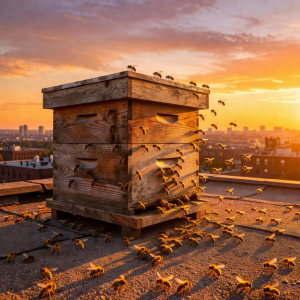 Rooftop beehive bathed in golden sunset light