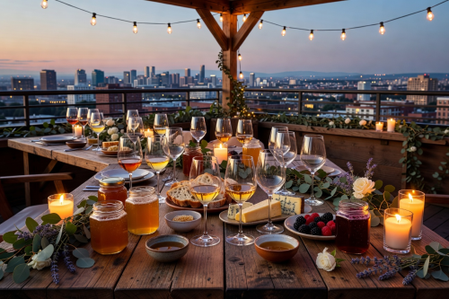 Rooftop honey and wine pairing event setup with elegant table settings