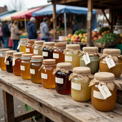 Dark amber raw buckwheat honey in a rustic glass jar