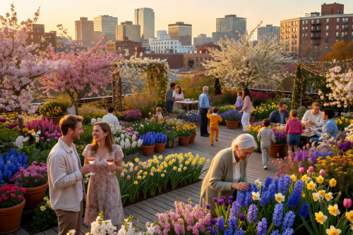 Spring equinox celebration with blooming rooftop garden and guests