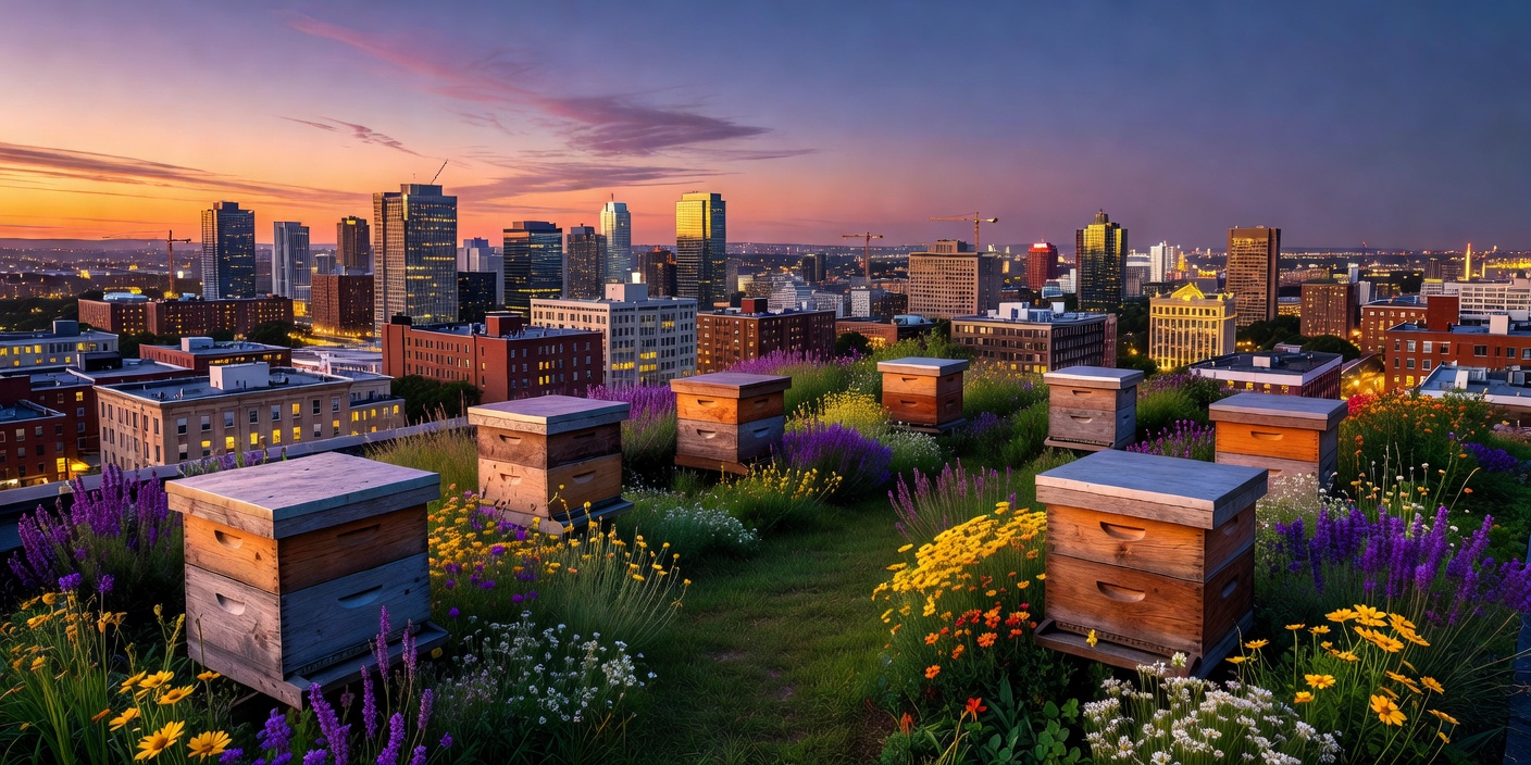 View of rooftop garden with beehives looking out over the city at dusk