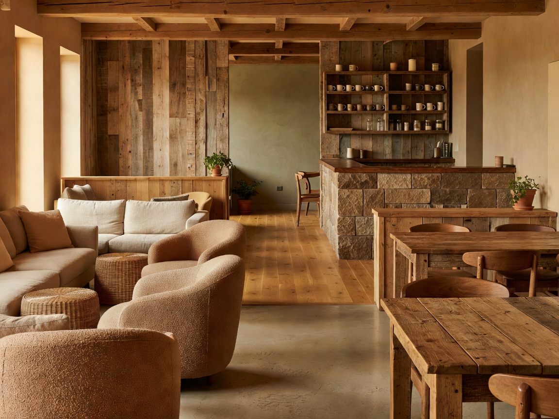Warm, inviting cafe interior with tactile materials and clear spatial flow